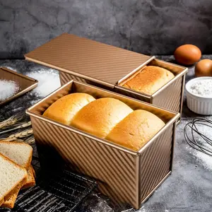 Pullman Loaf Pan with Lid 2 Pack, 1 lb Dough Capacity Non-Stick Bakeware for Baking Bread, Carbon Steel Corrugated Bread Toast Box Mold with Cover for Baking Bread, Gold