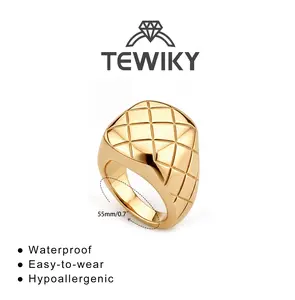 Tewiky Women's 14K Gold Plated Rhombus Grid Square Signet Ring - Minimalist Quilted Chunky Statement Band, Hypoallergenic Stackable Fine Jewelry for Daily Commute, Party summerwins-LB