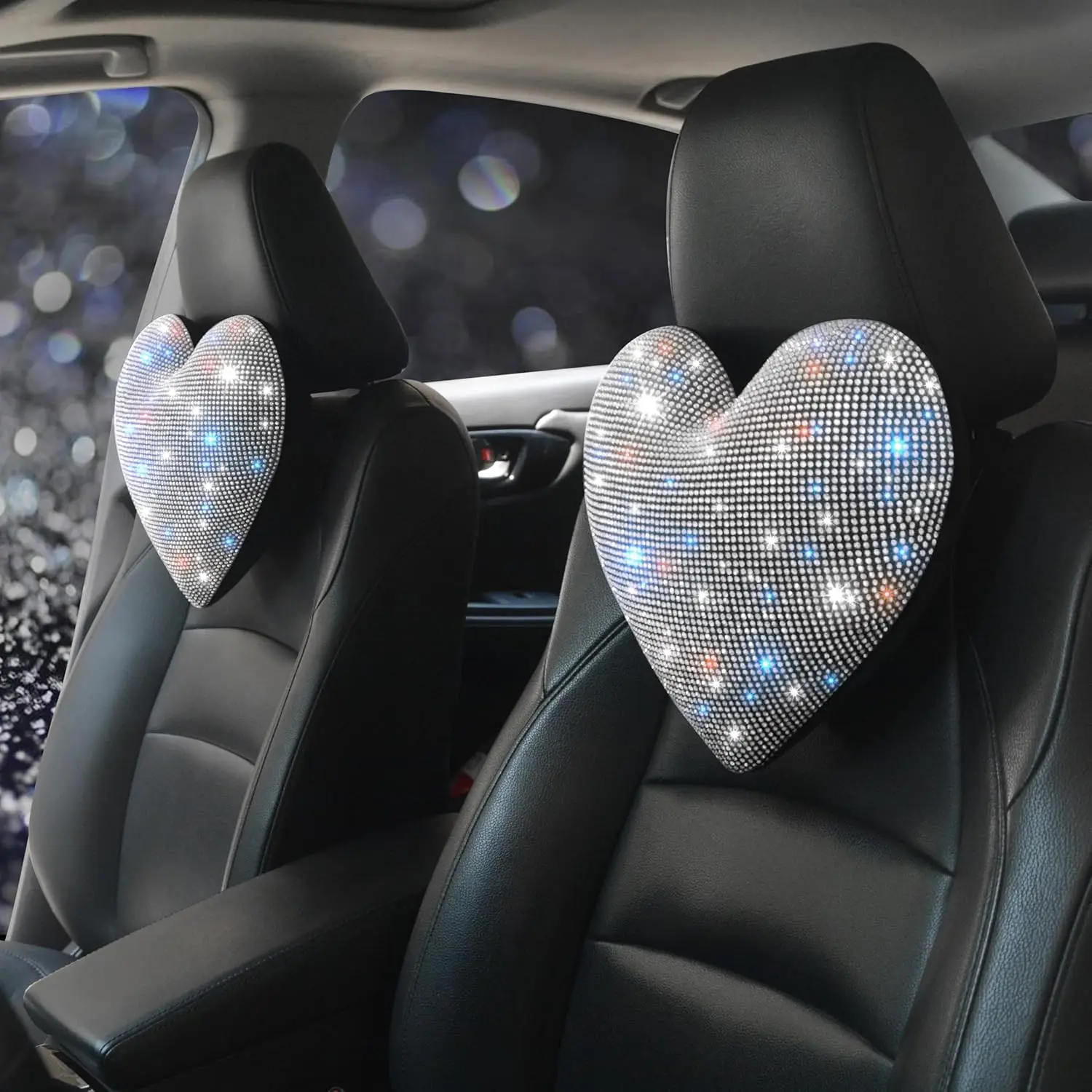 Bling Bling Car Seat Pillows – Sparkly Rhinestone Headrest Neck Support Pillow for Women, Girls, and Ladies – Shiny Diamond Interior Accessories for Travel and Comfort White 2 Pieces