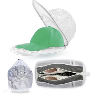 Hat Washer Cage Set - Baseball Cap Washer for Washing Machine or Dishwasher, Protects Flat & Curved Hats, 1 Pack White + Shoe Washing Machine Bag (Grey) & Mesh Laundry Bag