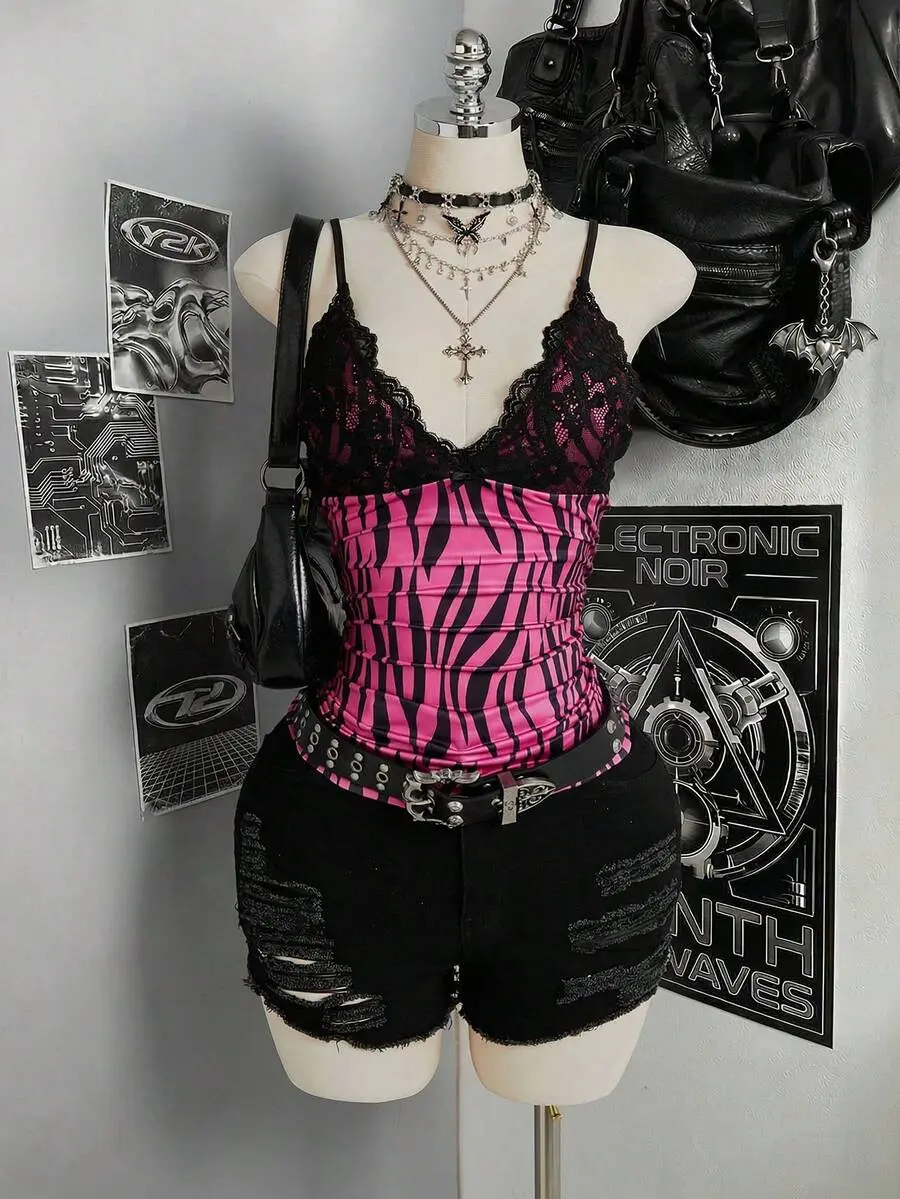 Women Lace Patchwork Ruffle Bow Decor Printed Tank Top, Hip Hop Style