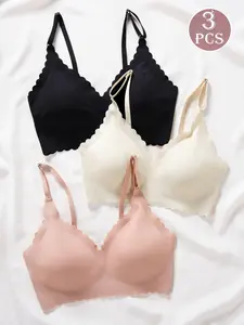 Women's V-Neck Sleep Bra Set, Seamless Wire-Free Smooth Design, Plain Pattern, Basic, Medium Support Fitted Style, All Season Wear, 3-Pack, Underwear, Womenswear, Feminine