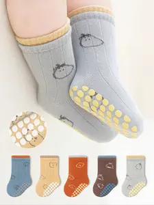 Baby Floor Socks Cartoon Bear Pattern, 5 Pairs Soft Bottom Non-Slip Indoor Socks for Boys & Girls, Socks for Toddlers, Daily Casual Use