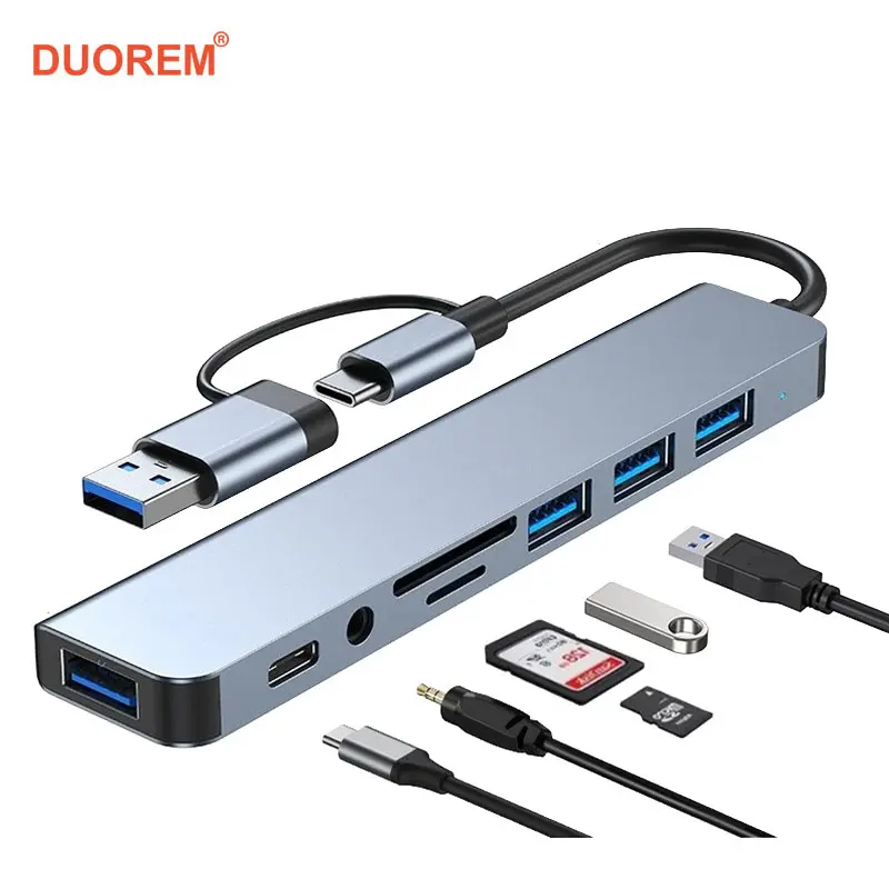 Portable 8-Port USB HUB, Type C Ports, USB 3.0/2.0 Micro SD TF Reader, Universal Adapter for Laptop Macbook Pro iPad USB-C Devices, USB Extension
