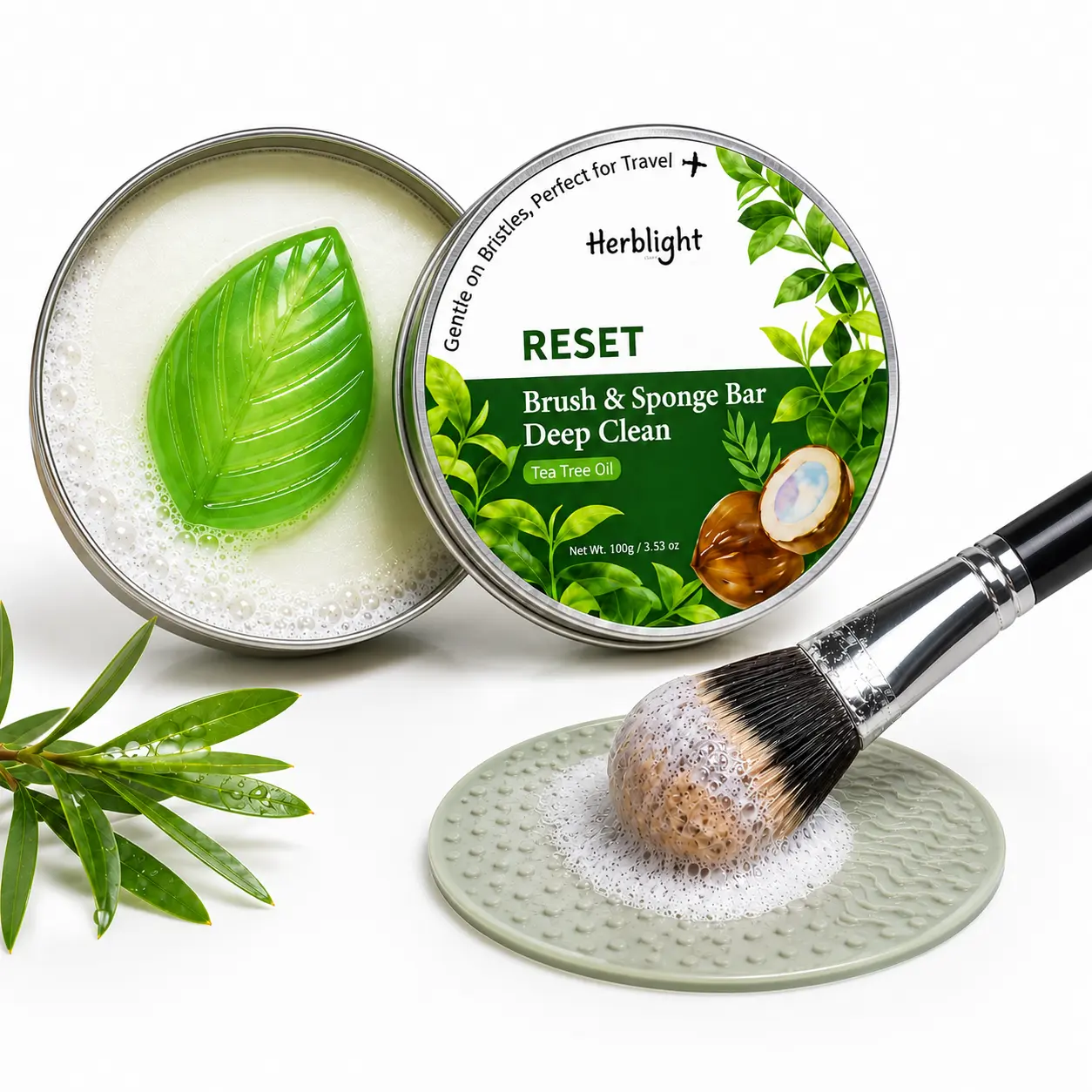 Makeup Brush Cleaner Solid Bar, 2-in-1 with Silicone Scrub Pad for Deep Cleansing Cosmetic Tools, Aesthetic Travel Case with Rose & Tea Tree Scent, Compact, Daily, Makeup Tool Cleaner, Brushes/Sponges, Flawless, Jojoba Oil