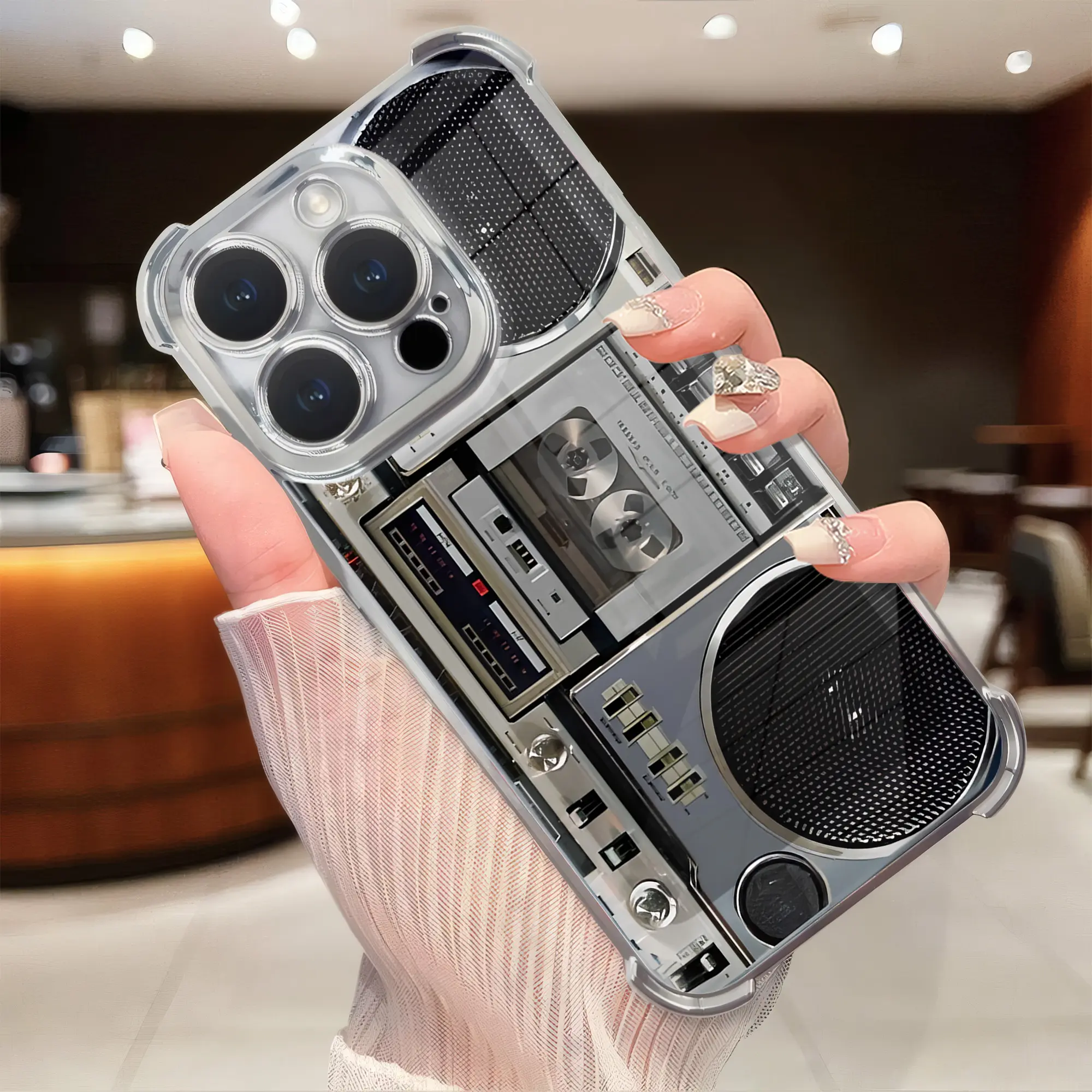 Vintage 80s Old School Boombox Cassette Tape Printed Clear Silicone Phone Case, 4-Corner Shockproof Retro Music Lover Gift Compatible with iPhone 12 13 14 15 16 17 Series
