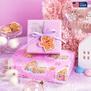 Gingerbread Christmas Glossy Wrapping Paper, Pink Gingerbread House and Snowflake with Embossed for Christmas, Holiday, Party Celebration , Christmas Gift for Him, Gift For Her