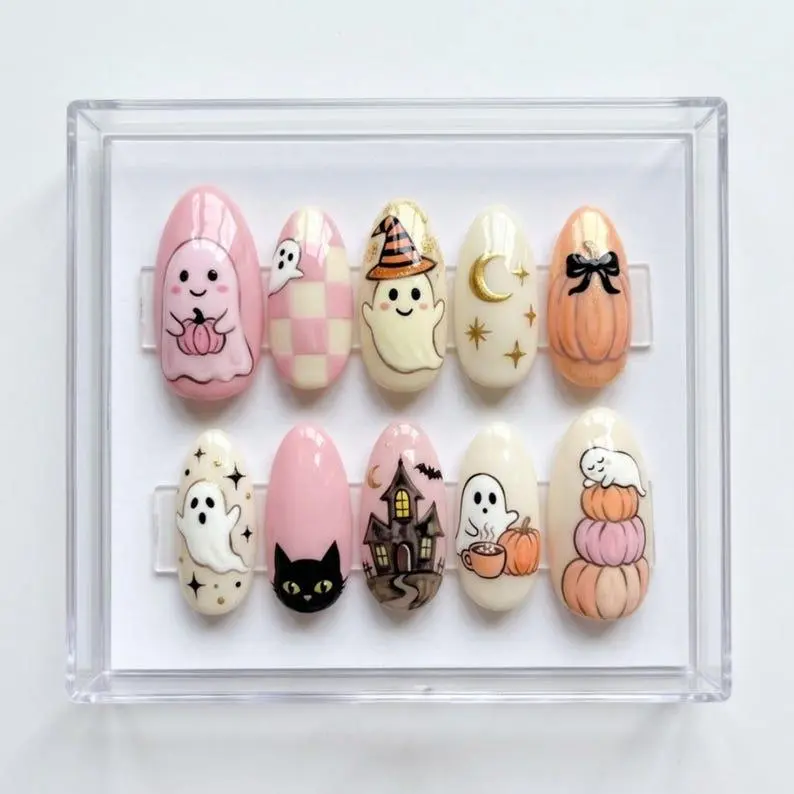 Aura Nails - Halloween Press On Nails Handmade Cute Ghost Pumpkin Cat Design Glossy Almond Fake Nails Reusable Acrylic Nail Set Fall Autumn Kawaii Nail Art for Women Girls