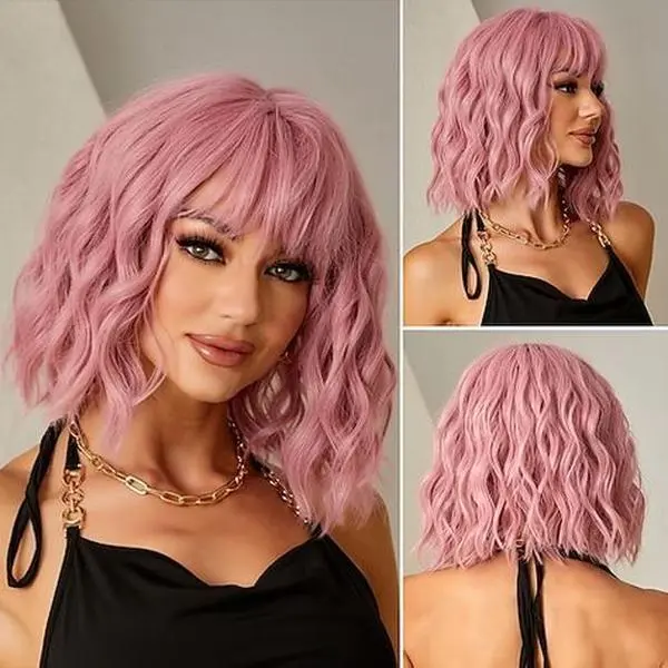 ZIHAN-Pink Short bob Wavy Wig for Women-with Air BangsSynthetic Heat Resistant Wig, for women and Girls Cosplay  for Daily Party Wig