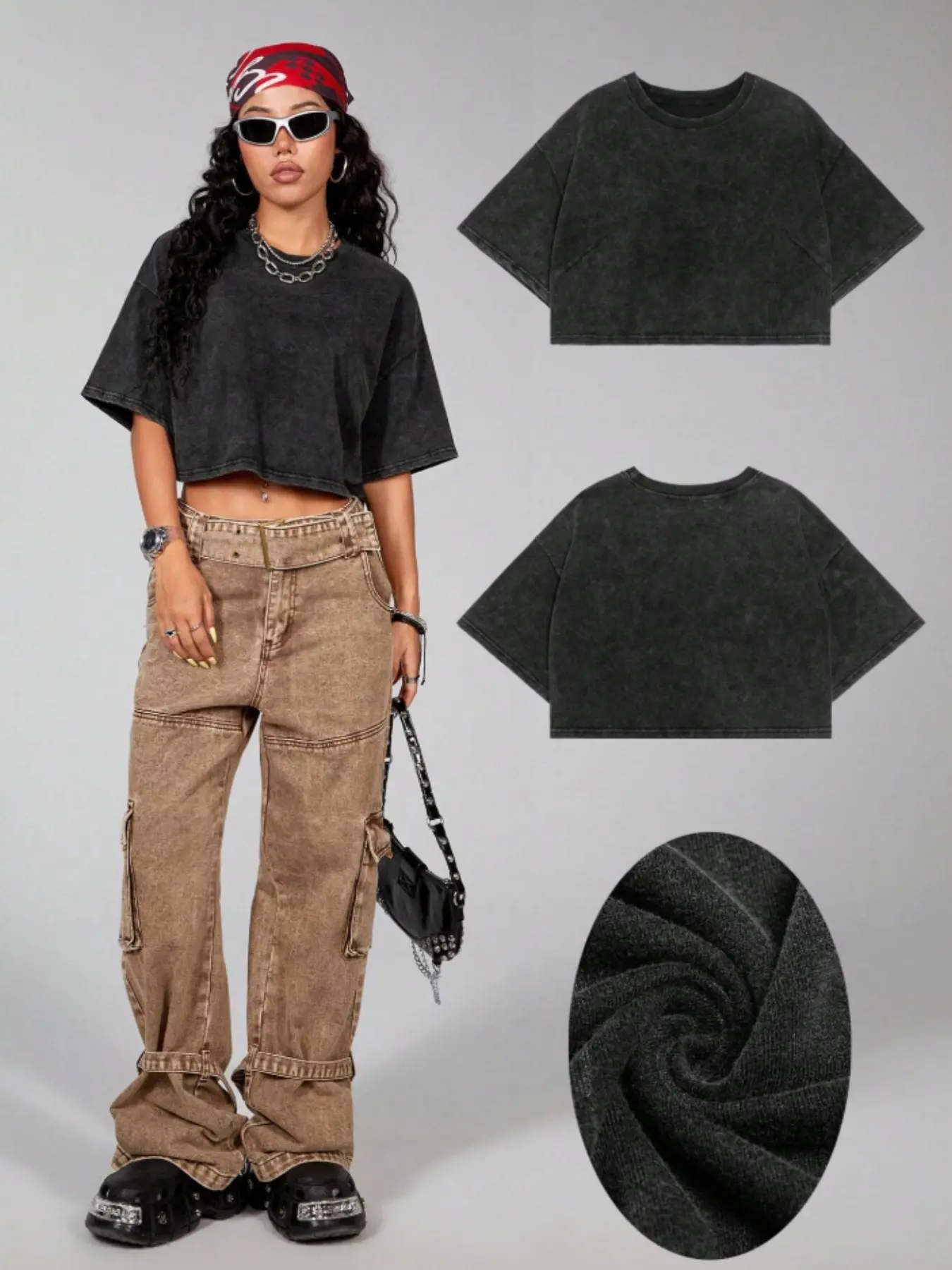 Vintage Acid Wash Knit Crop Short Sleeve Solid Casual T-Shirt, American Street Style, Loose Fit Slimming Belly Button Design, Perfect for Daily Wear/festivals