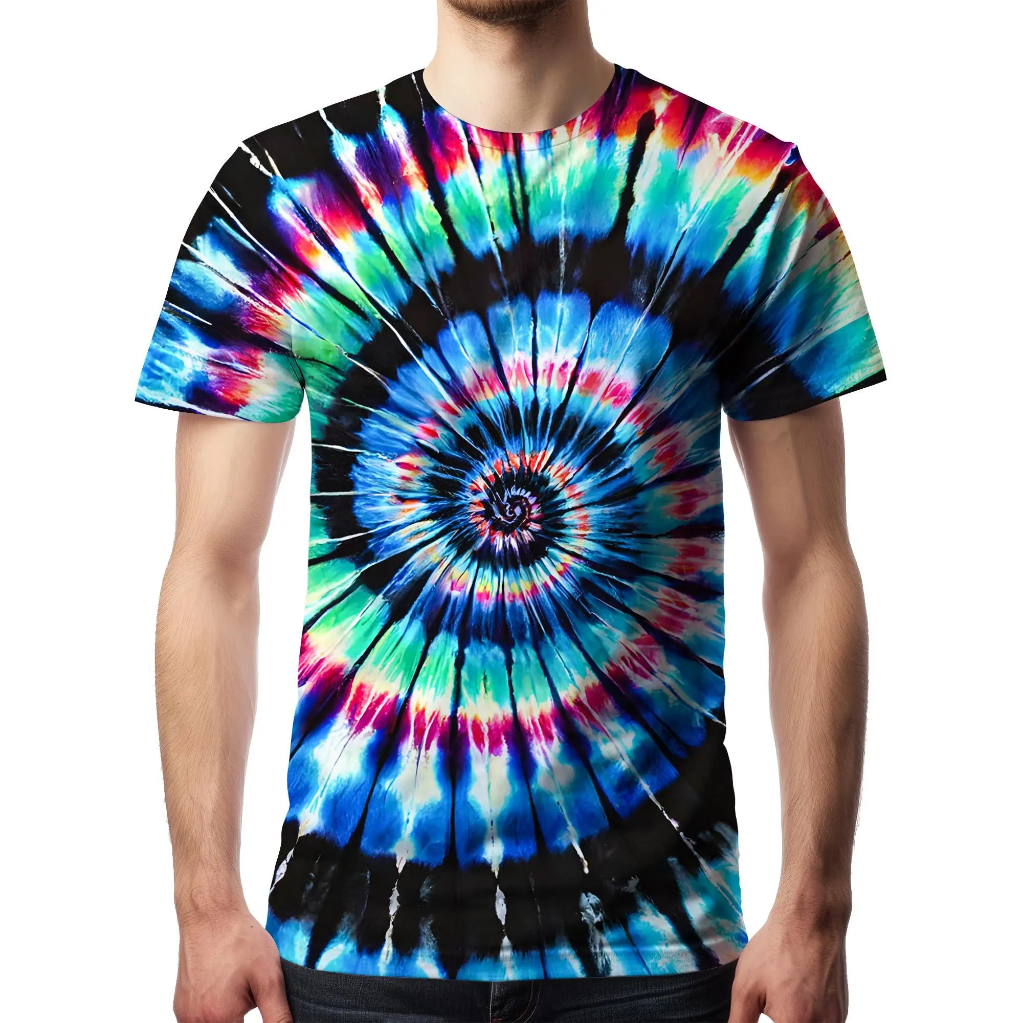 Women's Unisex Short-Sleeve Crew Neck Casual Spiral Tie-Dye T-Shirt - Breathable Fabric, Full-Body Print, Loose-Fitting, Complete Sizes, Lightweight for Festivals & Streetwear