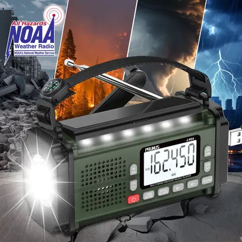 PRUNUS J-924 Compact 10000mAh/37000mWh 7 NOAA Weather Radio Audio Device - 5 Ways to Power Supply, Hand Crank, AAA Batteries, Solar Charge, AM/FM/SW, USB-C Port, USB Bank, 2 Lighting Sources, SOS Alarm, Compass, 1.3lb for Camping, Blackouts Power Outages