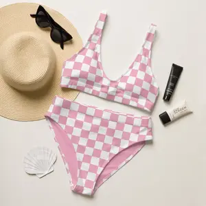 Doll Pink Checkered High Waisted Bikini Set Modest Vintage Retro Bikini Checked Swimsuit Pink Bathing Suit