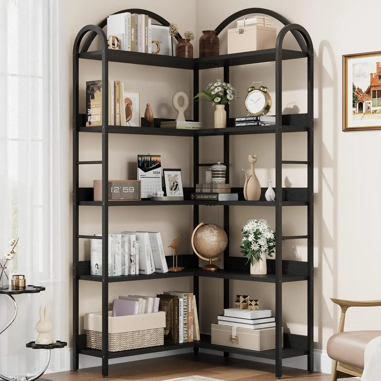 GAOMON Arched Bookshelf Corner Bookcase, L Shaped Bookshelf Industrial Corner Bookshelves, Large Bookcase with Metal Frame, Corner Shelf Arch Display Rack for Living Room Bedroom