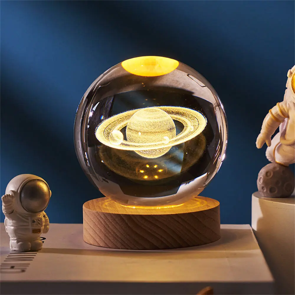 Novelty Luminous Crystal Ball LED Night Light With Gift Box Saturn Solar System 3D Moon Table Lamp USB Bedroom Atmosphere Lamp for Birthday Kid Gift, Led Light Inside, Lighted Sphere Ambiance Enhancer Gift Idea