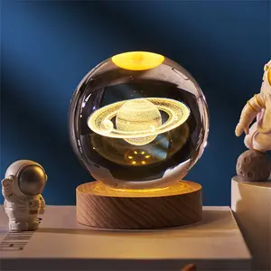 Novelty Luminous Crystal Ball LED Night Light With Gift Box Saturn Solar System 3D Moon Table Lamp USB Bedroom Atmosphere Lamp for Birthday Kid Gift