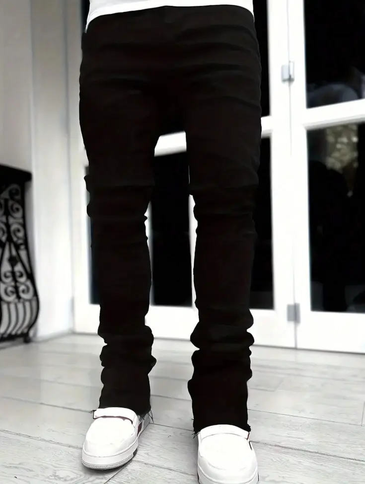 H206 Men Streetwear Jet Black Frayed Hem Stacked Flare Jeans
