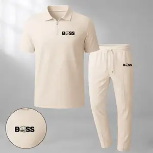 Men's Classic Print Zip-Up Collar Short-Sleeve Polo Shirt And Pants Two-Piece Set, Made With Waffle Knit Fabric, Breathable And Comfortable, Soft Texture, And A Relaxed Fit, Suitable For Everyday Casual Wear.