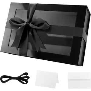 Large Black Gift Box with Window, 13.5x9x4.1 Inches Clear Gift Box for Present Contains Ribbon, Card, Groomsman Proposal Box with Magnetic Lid (Glossy Black)