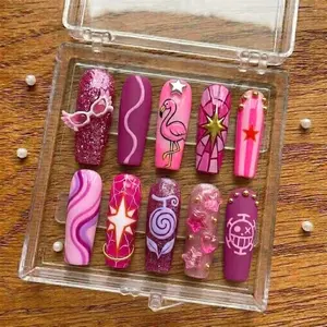 Pink Pirate Press On Nails Y2K Glam Nails Flamingo Star Sunglasses Swirl Skull Nail