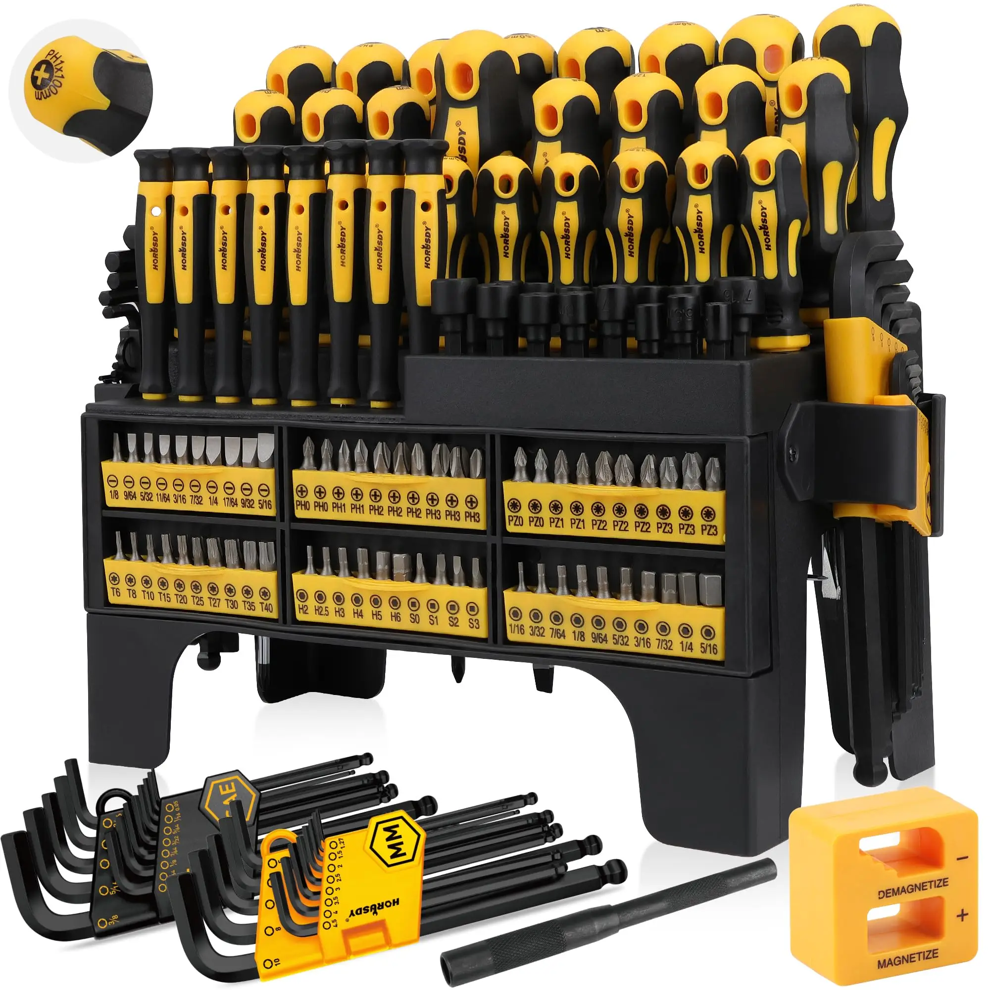 HORUSDY 140-Piece Magnetic Screwdriver Set with Plastic Racking, Includes SAE & Metric Hex Keys, Precision Screwdriver and Magnetizer Demagnetizer DIY