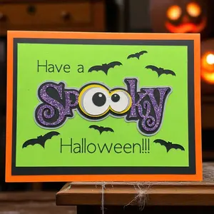 Halloween Card - Spooky Design with Sparkly Purple Lettering & Bat Graphics for Festive Celebrations