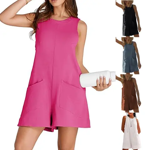 Mundoven Women's Cotton Sleeveless Overalls - Comfortable Loose Shorts Romper, Style-Focused Day Outfit for Beach Vacation with Pocket
