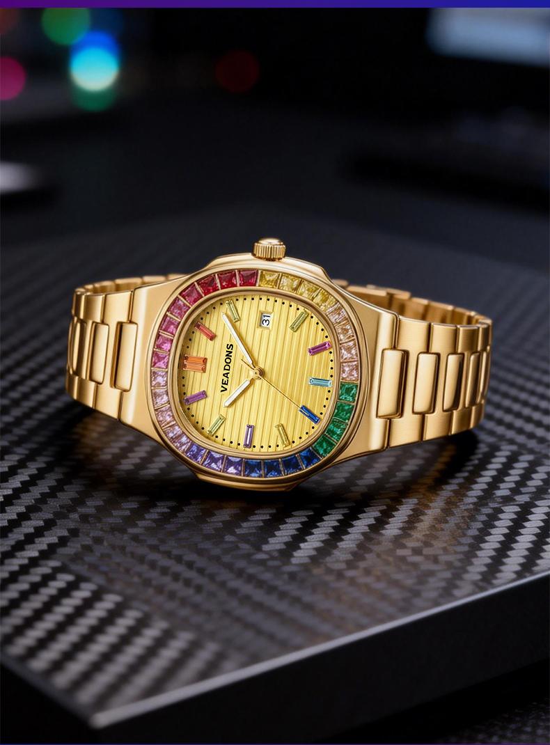 Brand Counter Authentic Premium Boutique Luxury Square Wristwatch – Rainbow Crystal Accents | High‑End Men’s Timepiece with Diamond Mirror Finish  | Versatile Casual & Business Look | Ideal Gift for Him | Stylish Wristwatch with Date Function