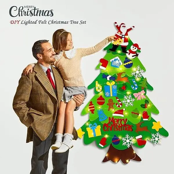 3.4 FT Felt Christmas Tree with 34 Ornaments for Kids - DIY Xmas Gifts, Wall Hanging Decorations with Lights