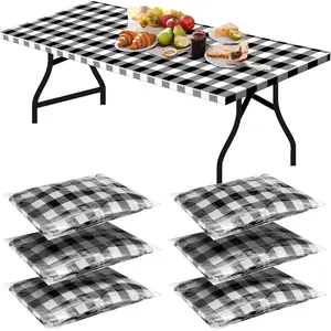 6 Pcs Picnic Table Cover 72 x 30 Inch for 6 ft Tables Disposable Parties Plastic Table Cloths with Elastic Fitted Elastic Desk Cover Rectangle Waterproof for Indoor, Outdoor, Picnic, Camping