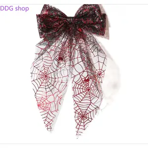 Fashionable hot foil mesh bow duckbill clip Halloween series spider web pattern ribbon hair clip headband