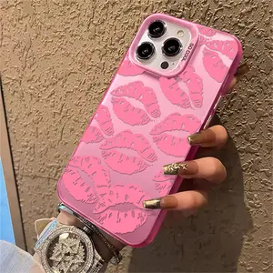 1 pink kiss print phone case suitable for Apple iPhone 11 12 13 14 15 16 17 PRO MAX. Shockproof phone case with a modern girly style, cute and fashionable. Can be given to a lover or a friend