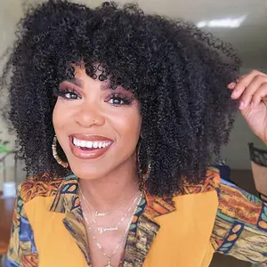 Human Hair Wig Afro Kinky Curly Human Hair Wig With Bang For Women None Lace Human Hair Wig Fringe Glueless 180% Density Human Hair Bang Wigs For Black Women Machine Made Wig Muaby Hair