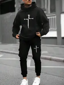 Manfinity LEGND Men Graphic Print Drawstring Hoodie & Sweatpants Casual Long Sleeve