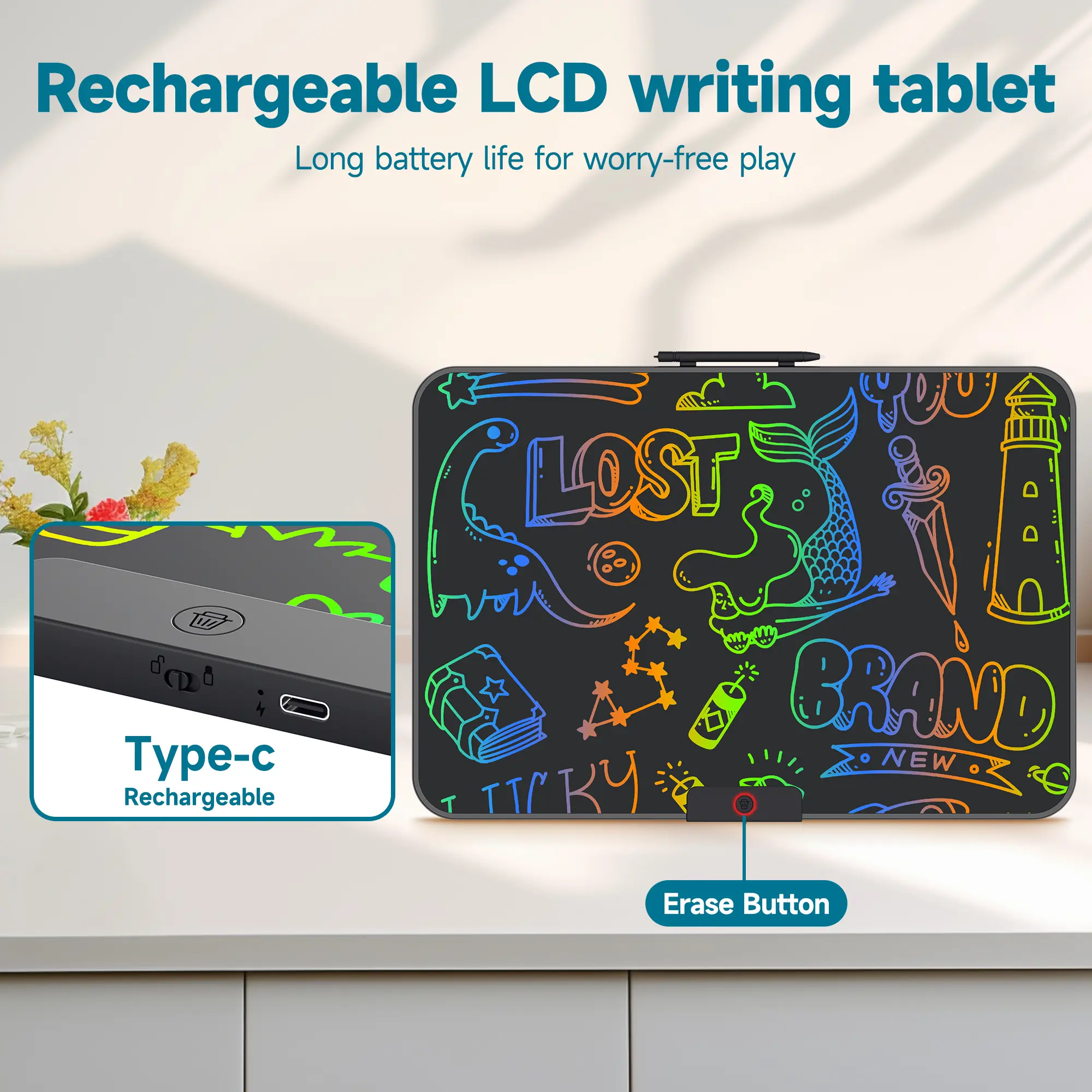22-In Plastic LCD Writing Tablet - Erasable Scribble & Writing Practice Tablet for 3-7 Yr Old Kids, Rechargeable Eye-Care Colorful Doodle Board with Pen Slot, Dry-Erase/Sticky Note Alternative (Black) - Ideal for Birthday Gifts