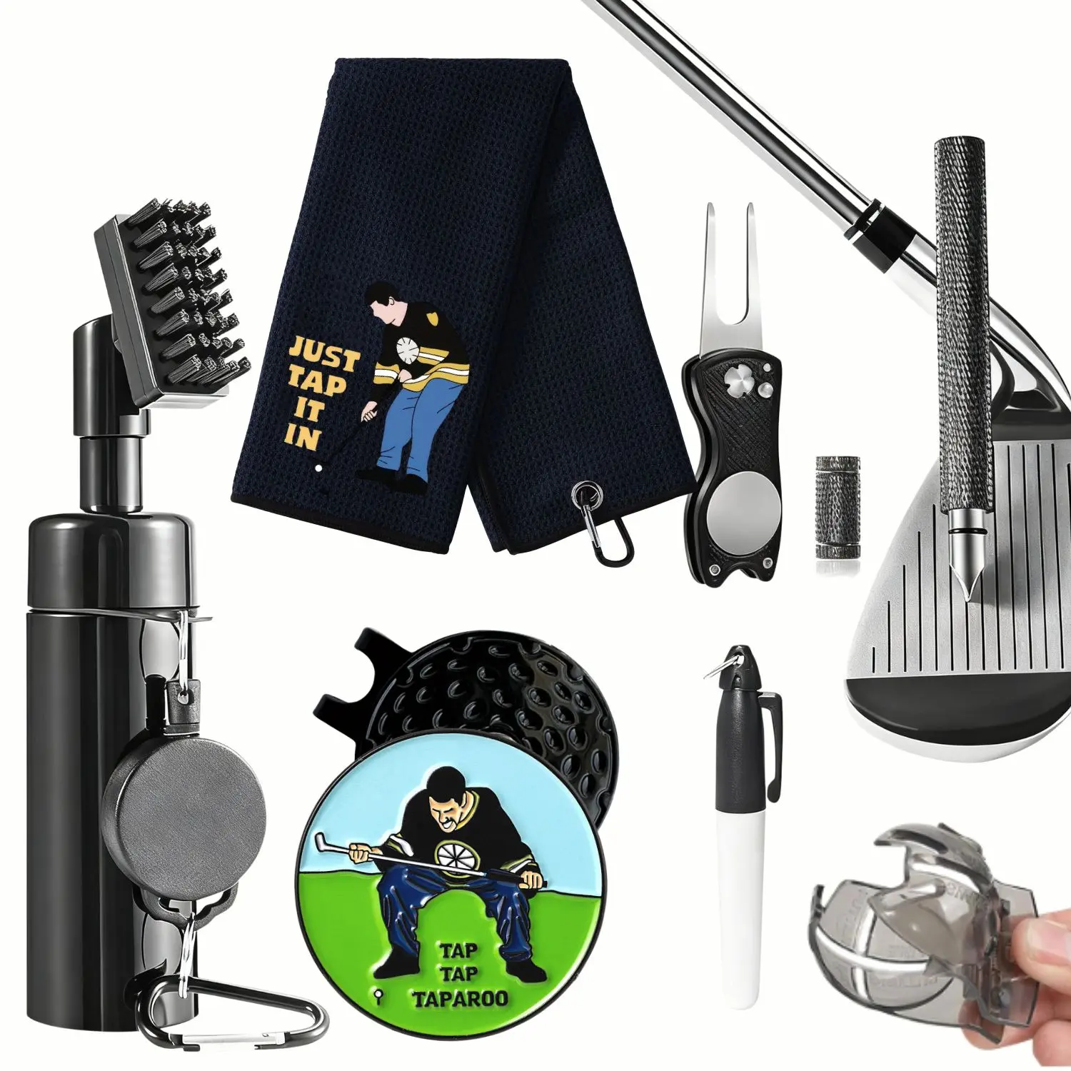 Golf Club Cleaning Kit with Golf Club Cleaner, Golf Towel, Divot Repair Tool, Groove Sharpener, Golf Ball Alignment Kit, Golf Accessories, Golf Gear, Golf Equipment, Golf Supply for Women Men, Happy Gilmore Christmas Gift For Golf Lovers, Golf Gift Sets