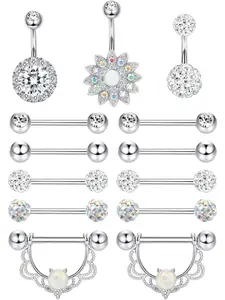 13 Pcs 14G Stainless Steel Nipple Bars Nipple Tongue Belly Button Bars CZ Opal Barbell Body Nipple Piercing Jewellery Body Piercing Kit