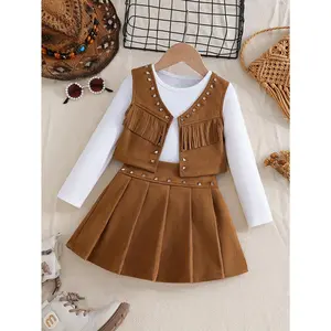 3pcs Girls' Western Cowboy Style Set |       Long Sleeve Crew Neck T-Shirt with Tassel Studded Vest and Pleated Skirt |       Ideal for Casual Vacations, Parties, and Everyday Outings