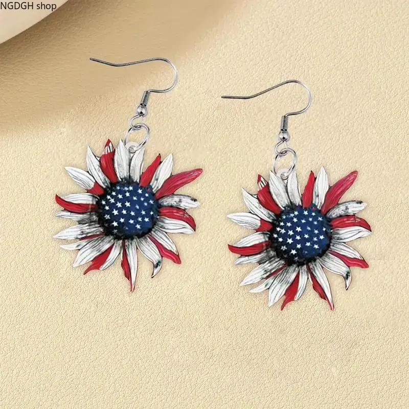 Trendy Flag Sunflower Statement Earrings - Elegant Red White Blue Patriotic Sunflower Dangle Earrings with Detailed Star Center, Delicate Lightweight Jewelry for Women, Perfect for Independence Day Vacation Party Daily Wear & Patriotic Glam Looks