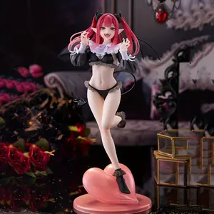 Cute Anime Figure Collectible Statue - Pink Hair, Red Horns & Heart Base with Black Attire & White Ruffles, Detailed Collectible Model Toy for Anime Fans, Ideal Gift for Collectors, Display Piece, Playful Design, Intricate Detailing, Charac