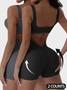 Women's Solid Square Neck Sports Bodysuit, Casual Sporty Sleeveless Bodycon Bodysuit for Yoga Gym Workout, Ladies Sportswear for All Seasons