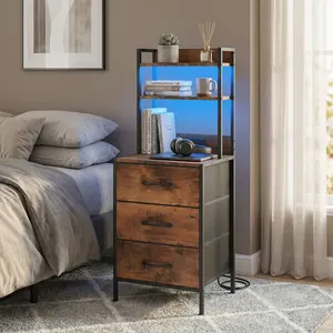 41 Inch Tall Nightstand with Charging Station, 3 PU Fabric Drawers & LED Lights, USB Port & Socket, 3-in-1 Bedside Table Bookshelf for Office Bedroom, Black/White/Rustic Brown