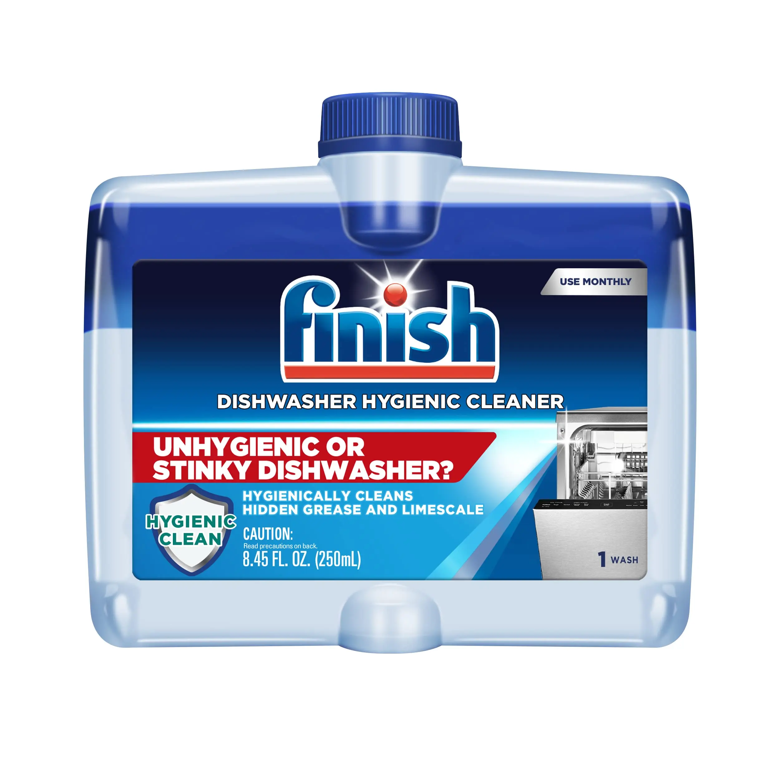 Finish Dishwasher Cleaner Liquid, 8.45oz, Dual Action: Hygienically Cleans Hidden Grease & Limescale, Fresh Scent