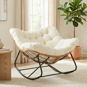 Arlopu Outdoor Papasan Rocking Chair, Oversized Padded Lounge Rocker with Cushion, Comfy Wicker Egg Lounge Chair, Large Indoor Rocking Recliner for Living Room/Porch/Garden