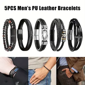Pack of 5 Black Faux Leather Bracelets for Men Women,With Antique Style Ethnic Style Bracelets, Black Faux Leather Bracelet Suitable for Men and Women, Retro Style Bracelet, Mens Faux Leather Bracelet