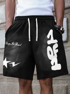Men's Black Hip-Hop Shorts Featuring Exclusive “1 OF 1” Design And Edgy Graphics, Elastic Waistband For Urban Style And Casual Daily Wear, Casual Streetwear Shorts
