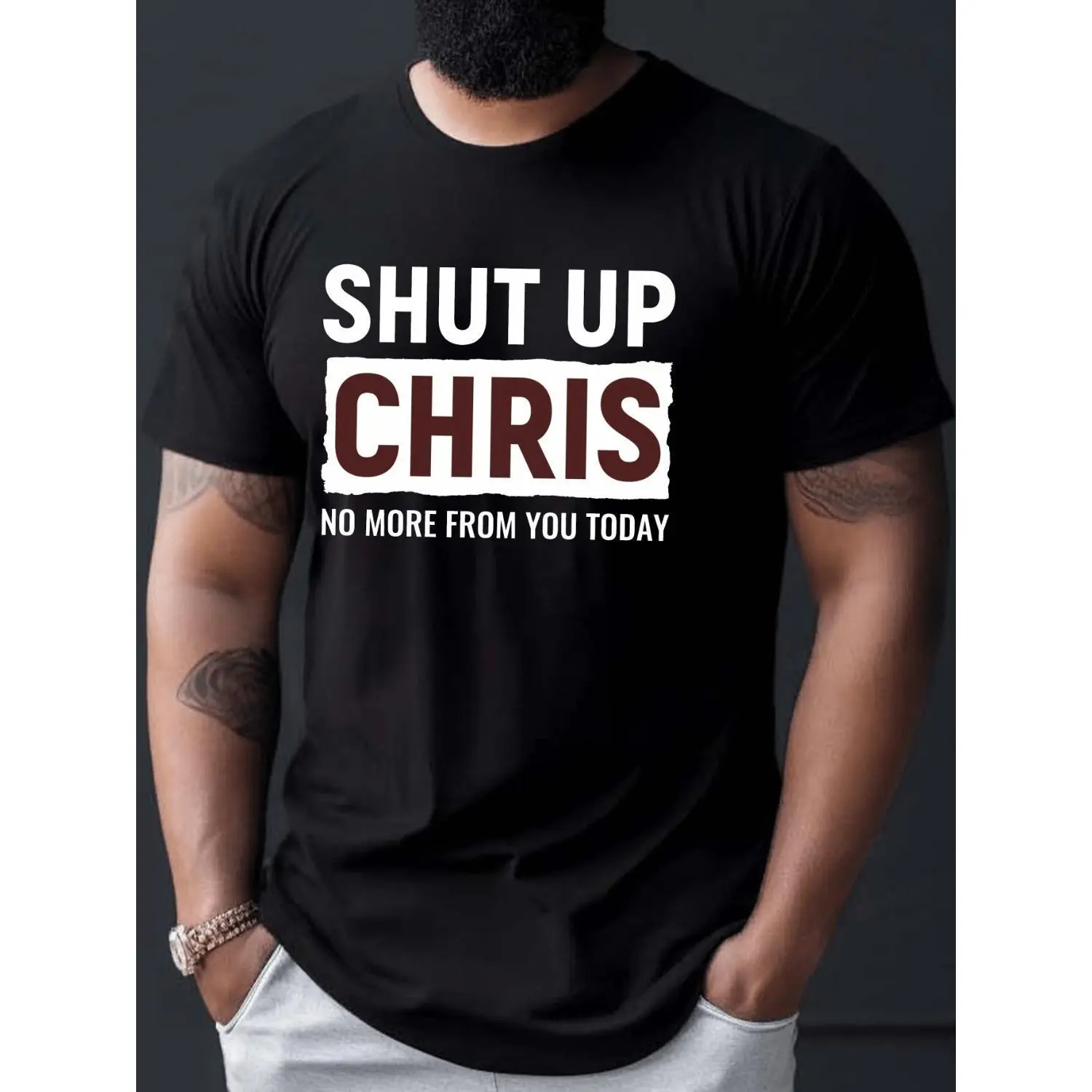 Men's Humorous 'Shut Up Chris' Graphic T-Shirt, Retro Cotton Top with Bold Letters, Casual Loose Fit Short Sleeve Round Neck, Tops, Shortsleeve, Menswear, Fade Proof, Oversized Cut, Relaxed Silhouette, Streetwear, Tshirt, Bold Print