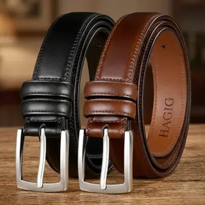 HAGIG Men's Leather Dress Belt 2 Pack Fashion Classic Belts for Work Business Casual