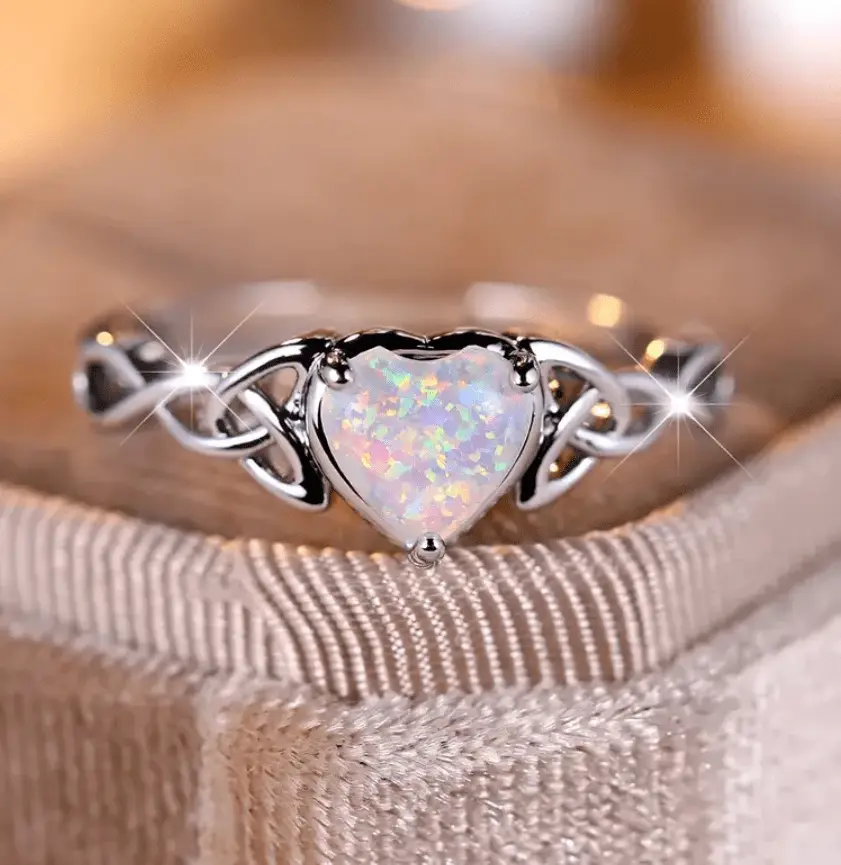 Heart Opal Promise Ring for Women – Elegant Cubic Zirconia Engagement & Wedding Ring with Heart Band, Romantic Valentine's Day, Mother's Day, Anniversary Gift for Her