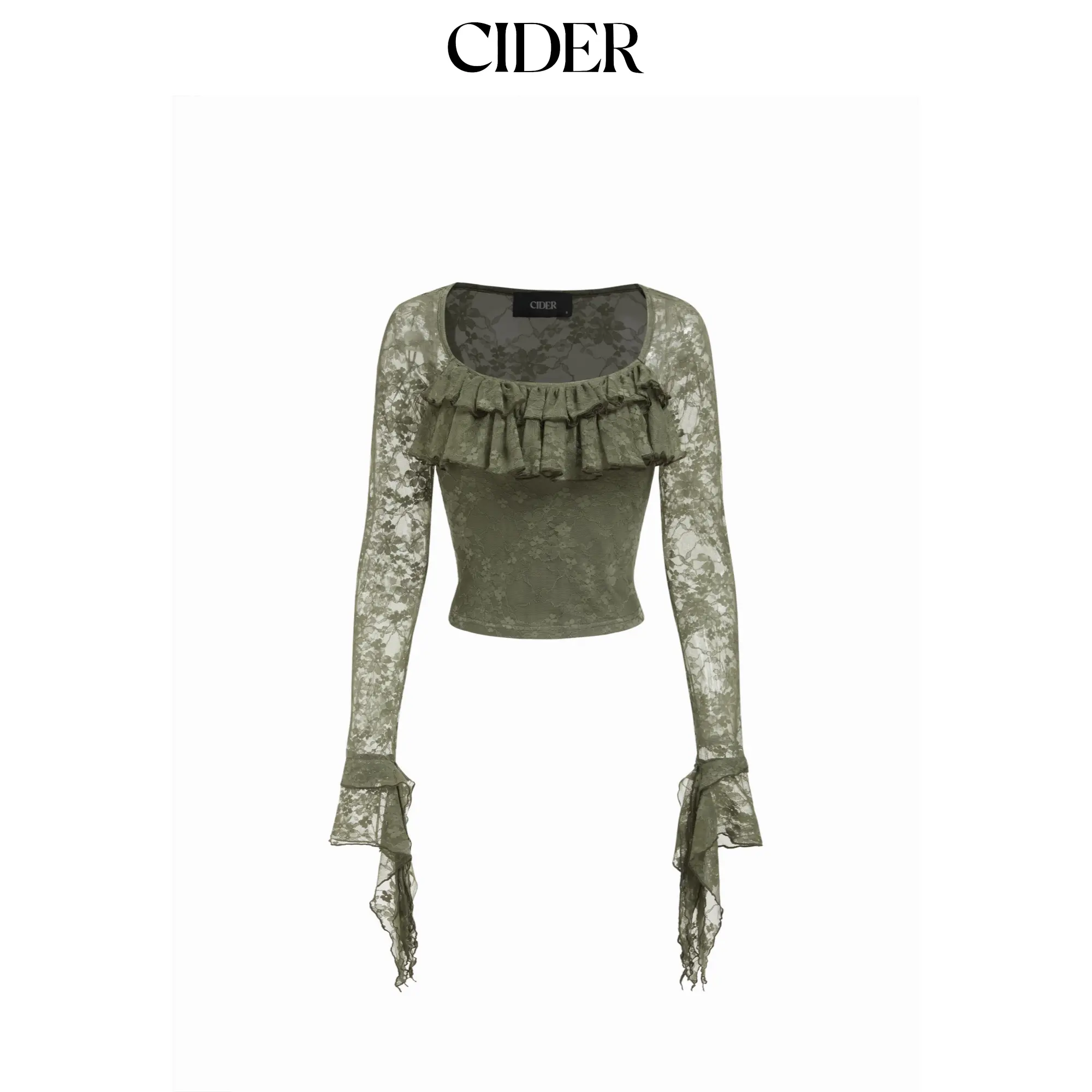 Cider Women's Basic Knit Lace Square-Neck Ruffle-Sleeve Crop Top, Contrast Lace, Mini Crop, Casual, Knit Fabric, Basic Look